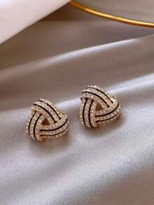 金色优雅三角形耳钉，镶嵌闪亮水钻 - 百搭日常佩戴及派对饰品，完美适用于情人节、周年纪念日、生日、派对等场合 | 优雅耳环 | 锌合金耳环 - 彩色 - 查看 3