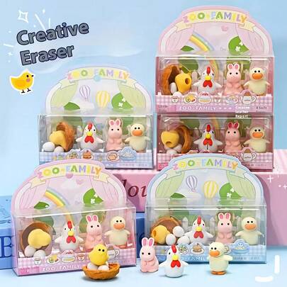 一盒可爱卡通家禽造型橡皮擦 - 耐用热塑性橡胶材质，非常适合学校和办公室使用，是送给朋友的理想礼物，包含鸭子、兔子和小鸡三种造型，可爱橡皮擦，学习用品，学校橡皮擦
