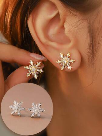 1 Pair Snowflake Rhinestone Earrings, Dual-Tone Gold & Silver Options, Minimalist Luxury, 3D Sparkling Studs, Suitable For Christmas Party, Daily Wear, Winter Earrings