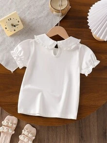 Áo thun ngắn tay dáng casual đa năng dành cho bé gái, thêu hoa, phối ren. - trắng - Xem 2
