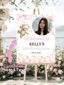 Cartel de bienvenida personalizado con oso de peluche rosa - Personalizado con nombre/texto y foto, decoración de fiesta de cumpleaños, incluye globos rosas y tablero para mostrar la edad, pancarta de plástico resistente para interior/exterior - Multicolor - Ver 2