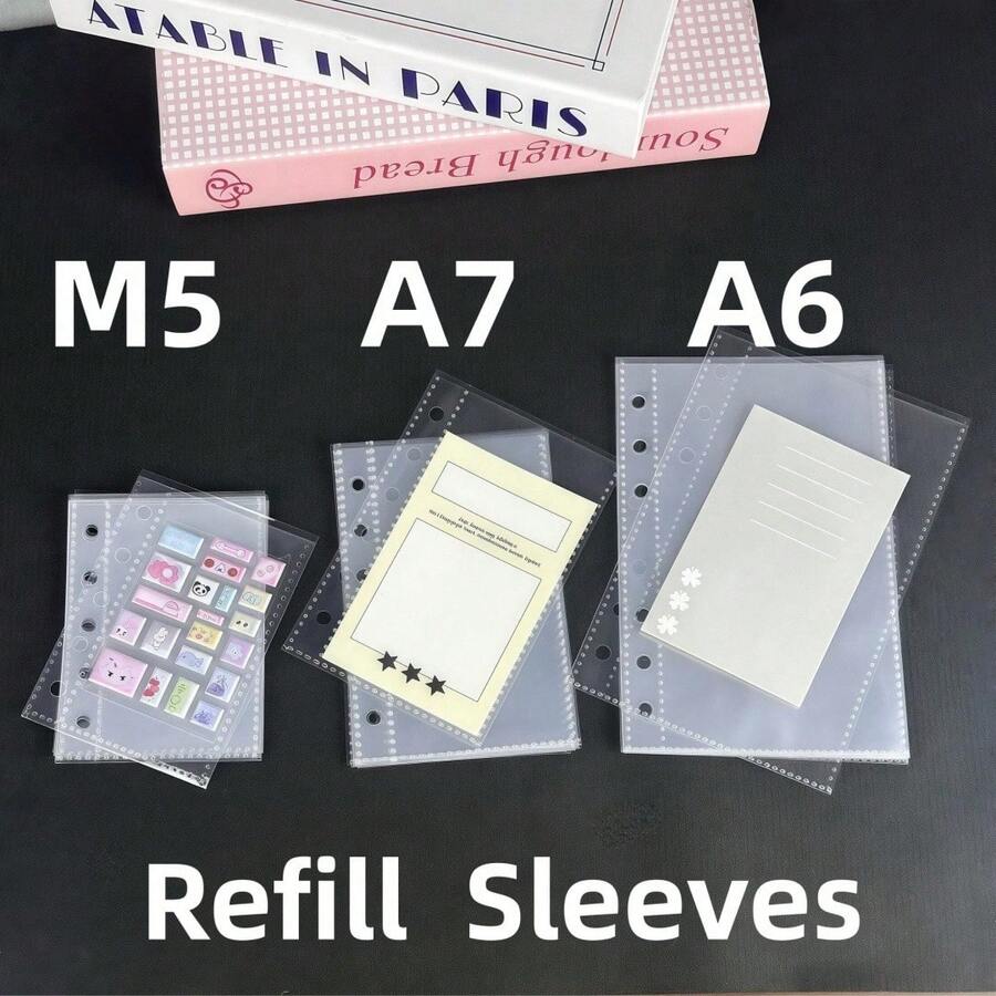 10 piezas/20 piezas Hojas sueltas transparentes M5/A7/A6, insertos de recambio para libro de pegatinas, adecuado para almacenamiento de pegatinas, relleno de mini scrapbook, útiles escolares, de vuelta a la escuela - transparente - Ver 1