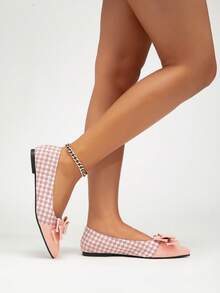 1 Pair Women's Pink Flat Shoes, Patchwork Solid Plaid Bow Decor, Fashion Cute Casual/Work Elegant Embroidery Closed Toe Slip-On Flats, Suitable For Holiday, Party, Office, Home, All Season - Pink - View 5