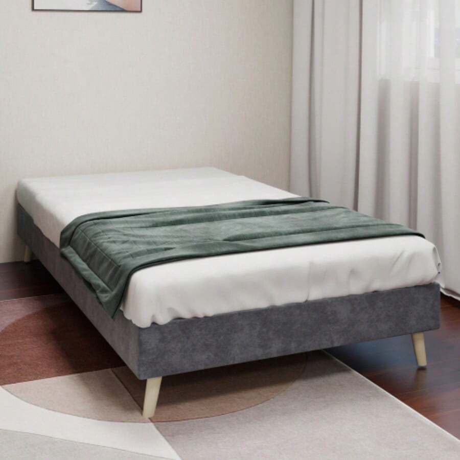 Modern Minimalist Bed Frame, 90x200 Cm, Grey, Dutch Velvet Fabric, Low-Profile Base, Modern Style Bedroom Furniture. Excludes Gas Lift, Headboard, And Mattress. - Grey - View 1