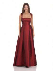 Square Neck Fit And Flare Gown In Maroon Sexy Elegant Satin Dress Fashionable Evening Gown - 酒紅色 - 查看 2