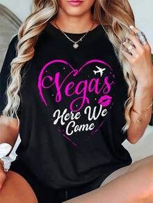 Talla - Camiseta Casual Oversize para Mujer - Diseño de Corazón de Las Vegas con Purpurina Rosa y Gráfico de Avión, Corte Holgado y Elástico, Cuello Redondo, Manga Corta, para Comodidad en Todas las Estaciones, Uso Durante Todo el Año, Camisetas para Mujer, Top para Uso Diario, Estampado Divertido, Material Suave, Camiseta de Impacto, Compradores a, Top para Todas las Estaciones, Patrón Geométrico, Material Cómodo, Camiseta Estampada, Amantes de - Negro - Ver 5
