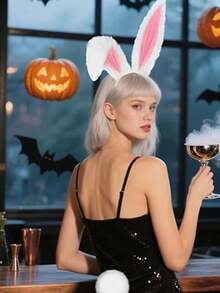 2 pezzi Accessori per costume da coniglio per feste di carnevale - Fascia per capelli con orecchie da coniglio e coda, adatta per donne adulte, set carino e soffice per cosplay, costume di San Valentino - Bianco - Visualizzare 3