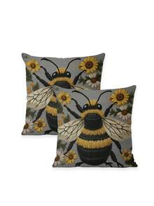 2Pcs Imitation Embroidery Laughing Goat Bee Flower Bigfoot Forest Full Moon Pattern Pillow Cover Farmhouse Pillow Cover Decoration Home Square Sofa Living Room Bedroom Bed Sofa Chair Cushion Cover Universal For All Seasons (No Filling) - Multicolor - View 4