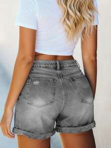 Cross-Border American Street Style New Summer Versatile Vacation Style Loose Simple Casual Hem Worn Solid Color Washed Women's Jeans - Light Grey - View 2