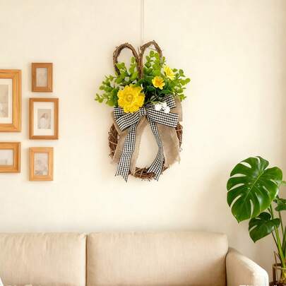 Easter Carrot Wreath Rustic Bunny Shaped Rattan Wreath With Flowers For Front Door Decoration