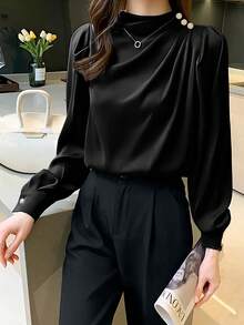 女士休闲通勤衬衫，立领，褶裥设计，公主袖，适合春秋季穿着，黑色 - 黑色 - 查看 5