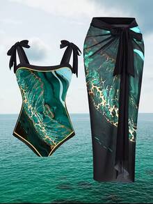 Women Plus Size Fashion Casual Starry Sky Digital Print One-Piece Swimsuit With Sarong Skirt Two-Piece Set - Màu xanh lá cây đậm - Xem 8