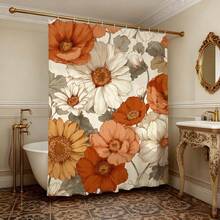 1pc Hibiscus Flower Pattern Shower Curtain, With Hooks, Made Of Polyester, Vibrant Floral Print, Creates A Fresh And Elegant Bathroom Decor