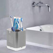 Toothbrush Holder Toothpaste Organizer Drainage Bathroom Vanity, Detachable Anti - Slip Brushed Nickel Toothpaste Storage Caddy 3 Slots With Drainage Holes Brush Stand - Bạc đánh bóng - Xem 3