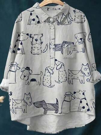 Women's Casual Cartoon Puppy Pattern Button-Up Shirt