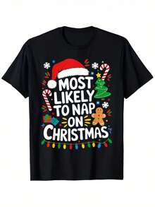 Camiseta gráfica navideña divertida para hombres - Dicho "Más probable que en Navidad" con diseño de gorro de Santa y pan de jengibre - Camiseta casual de manga corta suave y transpirable con cuello redondo para fiestas navideñas y atuendo casual - Regalo navideño divertido para hombres (con impresión) - A - Negro - Ver 7