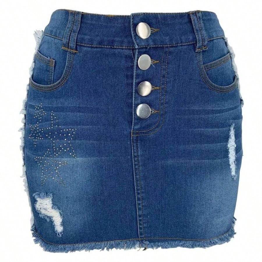 Paquete de Cintura Alta Falda de Mezclilla de la Cadera angustiada Slim Sanding Jeans Falda Corta de Las Mujeres, Dark Blue, L - inicial - Ver 1