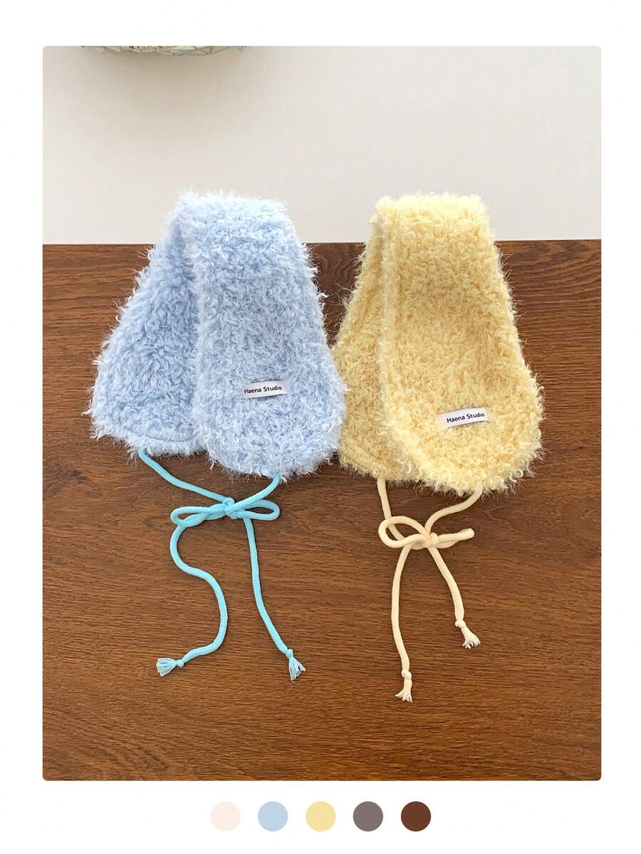 优雅复古纯色羊羔绒针织耳罩头带，女士保暖冬季耳罩，带保暖内衬，饰有蝴蝶结、绒球和星星图案