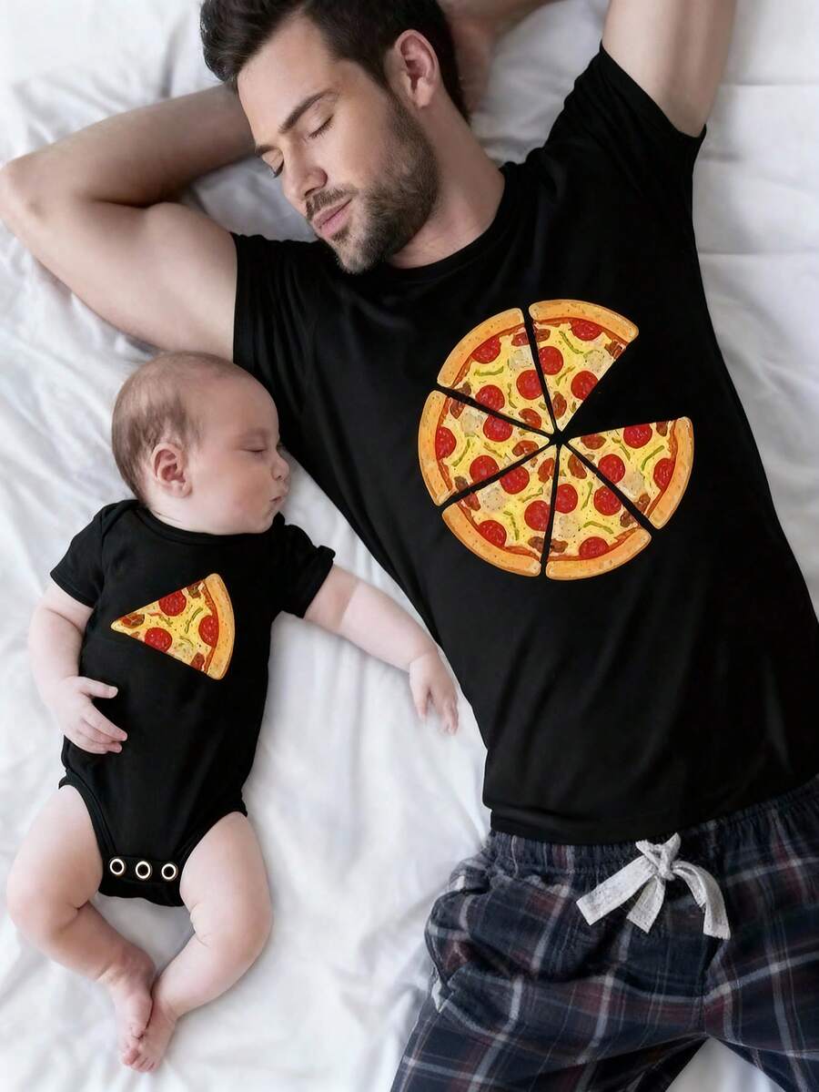 Valentine's Day,Father's Day,Pizza Slice Matching Dad & Baby Bodysuit Set – Cute Coordinating Family Outfits - Black - View 1