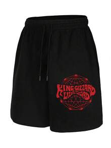 Men's Black Casual Shorts With Red KING GIZZARD Print & Geometric Design, Drawstring Waist, Breathable Fabric, Pockets - Comfortable For Sports & Leisure, Gym Shorts, Adjustable Comfort, Leisure Wear,  Fashion, Lightweight Material, Active Lifestyle - màu đen - Xem 1