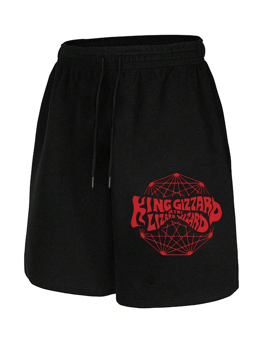 Men's Black Casual Shorts With Red KING GIZZARD Print & Geometric Design, Drawstring Waist, Breathable Fabric, Pockets - Comfortable For Sports & Leisure, Gym Shorts, Adjustable Comfort, Leisure Wear, Fashion, Lightweight Material, Active Lifestyle - màu đen - Xem 1