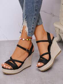 女士【夏季新品】黑色、棕色编织坡跟凉鞋，复古厚底松饼鞋，增高细带露趾度假休闲鞋 - 黑色 - 查看 1