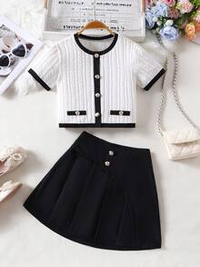 2pcs/Set Tween GirlsShort Sleeve Knit Cardigan Top And Pleated Skirt, Spring/Summer