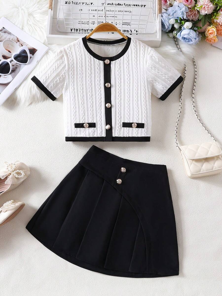 2pcs/Set Tween GirlsShort Sleeve Knit Cardigan Top And Pleated Skirt, Spring/Summer