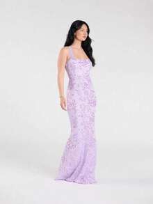 Lexie Floral Sequin Lace-Up Mermaid Dress - Light Green - 查看 5