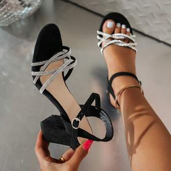 Sandalias de tacón alto grueso para mujer, diseño cruzado de un solo tirante, puntera abierta, tacón ancho, unicolor, sandalias de vestir