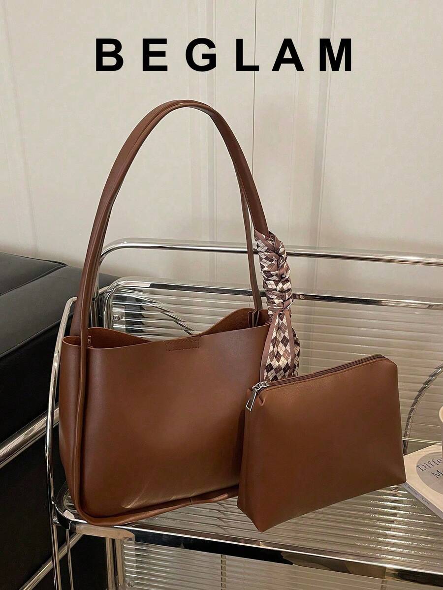 2pcs Vintage Silk Scarf Decor PU Solid Color Stitched Large Capacity Handheld Tote Bag, Portable Classic Casual, Suitable For Women, College Students, Office Workers, Applicable For Work, Back To School, Holidays And Multiple Occasions - Coffee - View 1