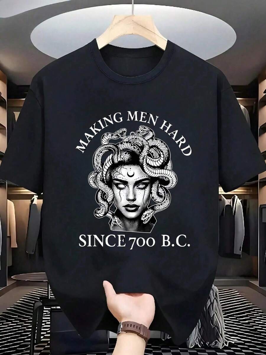 Camiseta  Medusa Mitología, Estampado Gótico Antiguo Viral, Cuello Redondo Manga Corta, Ideal para Fans de Mitologías, Salidas Alternativas, Amantes de Diseños Oscuros y Simbolismo,ropa de hombre,parejas,envio nacional,regalo para hombre,oversize hombre. - Negro - Ver 1