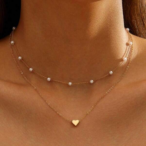 2pcs Heart-Shaped Faux Pearl Pendant Necklace, Beaded Necklace, Suitable For Daily Wear, Fashionable And Elegant, Suitable For All Seasons. Low Allergy Multi-Layer Necklace, Ideal For Valentine's Day/Birthday Gift.