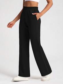 女士保暖加厚阔腿运动裤，高腰宽松直筒设计，带口袋，适合秋冬季穿着 - 黑色 - 查看 7