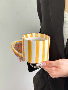 1pc Classic Striped Ceramic Cup, Minimalist Vertical Striped Coffee Mug, Household Water Cup, Niche Design High-Quality Mug, Medium Coffee Cup, Tea Cup, Household Water Cup, Gift, Birthday, Household Latte Cup - Multicolor - View 14