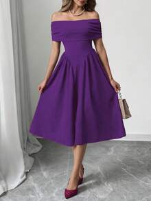 女士优雅派对、约会、婚礼、正式晚宴荷叶边露肩夏季纯色晚会长裙