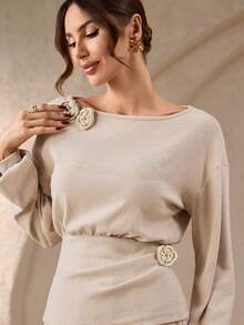 女士秋冬复古风针织毛衣 – 纯色，宽领，落肩袖，花卉点缀，宽松版型，适合日常休闲和新年购物 - 麻色 - 查看 5