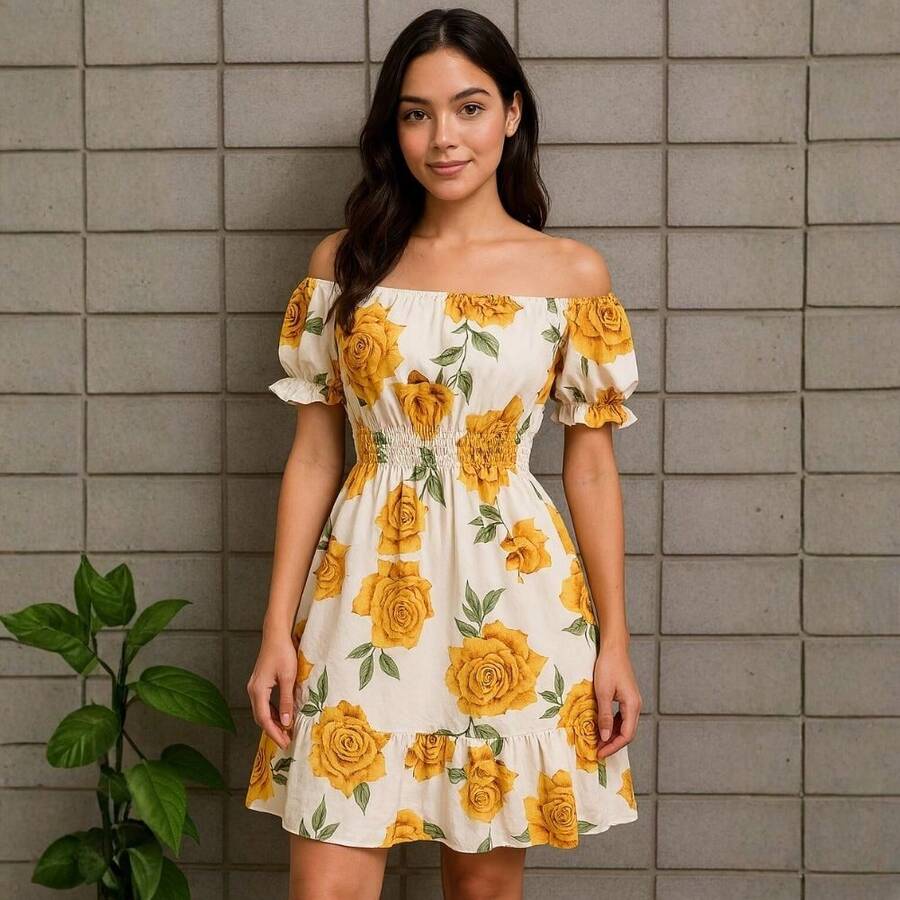 Short Dress Made From Duna Fabric With Short Sleeves. - Beige With Yellow Roses - View 1