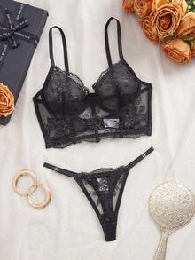 Bộ 2 đồ lót gợi cảm thêu hoa màu đen lưới vá có gọng áo ngực và quần lót lọt khe, gợi cảm khi đi chơi - màu đen - Xem 4