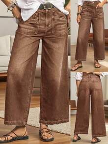 Women's Casual Elegant Wide Leg 7/8 Length Jeans, Fashionable Diamond Pockets - Mocha Brown - View 1
