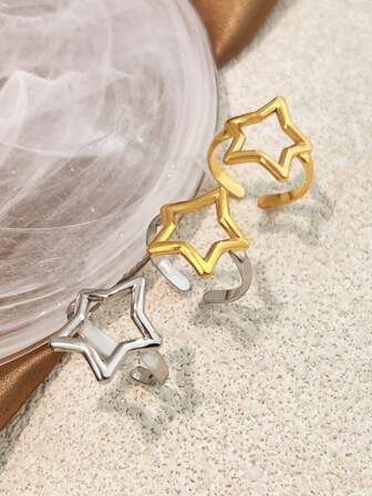 1 件 18K 镀金不锈钢空心星形开口戒指钛钢防褪色时尚