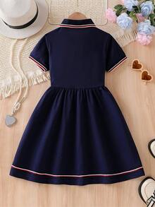 Tween Girl Short Sleeve Ruffle Trim Casual Polo Collar Summer Dress - Royal Blue - View 2