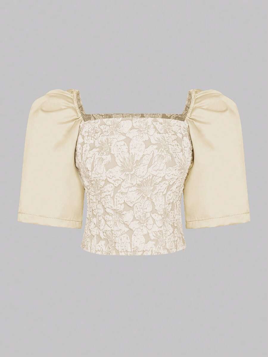 Blusa casual y elegante de mujer con mangas abullonadas de jacquard - Albaricoque - Ver 1