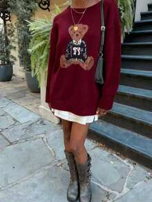 2026秋冬新款时尚休闲复古可爱小熊图案针织套头毛衣，适合情人节、约会之夜、派对、Y2K风格、简约、时尚、休闲、新年等场合，女士冬季服装 - 酒紅色 - 查看 4