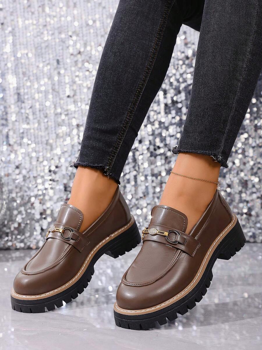 Plus Size Women's Fashion Solid Color Metal Thick Sole Slip-On Loafers - Brown - View 1