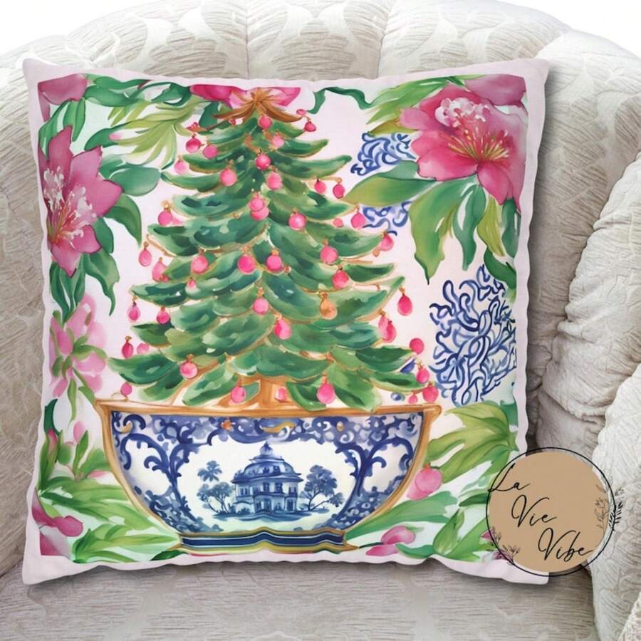 1PC 18x18 Inch Chinoiserie Christmas Pillowcase, Holiday Pillow Cover, Floral Watercolor Accent Pillow, Home Gift, Chinoiserie Pillow Cover, Perfect Gifts For Christmas/New Year/Holiday/House Warming/Fall/Winter Home Decoration - 樣式-1 - 查看 1