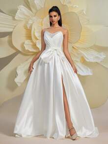 极简露肩长款婚纱，开衩设计，优雅编织面料新娘礼服 - 白色 - 查看 5