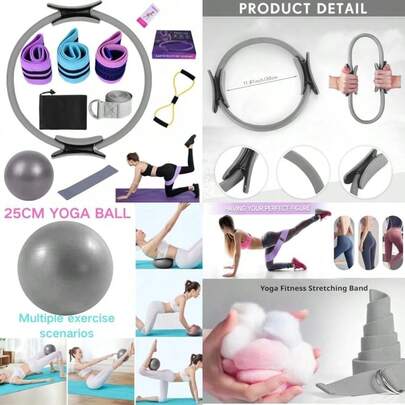 YAYUSI Kit de Pilates en Casa,11 Piezas Pilates Kit, Accesorios de Entrenamiento para Pilate con Pelota de Yoga 25cm, Bandas De Resistencia y Cuerda Yoga 8 Formas,para Tonificar Brazos,Muslos Piernas(Gris)