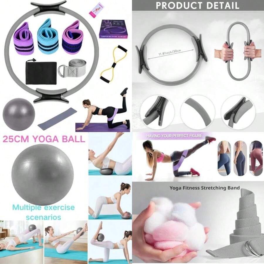 YAYUSI Kit de Pilates en Casa,11 Piezas Pilates Kit, Accesorios de Entrenamiento para Pilate con Pelota de Yoga 25cm, Bandas De Resistencia y Cuerda Yoga 8 Formas,para Tonificar Brazos,Muslos Piernas(Gris) - Multicolor - Ver 1