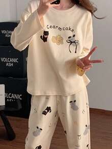 2件套卡通休闲女式圆领睡衣，可爱印花长袖长裤家居服套装，春秋季 - 杏色 - 查看 6